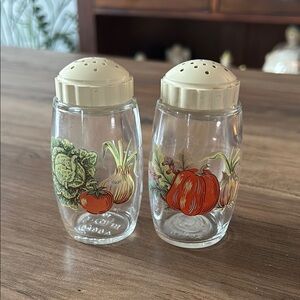 Vintage Glass Salt and Pepper Shakers with Vegetable Design